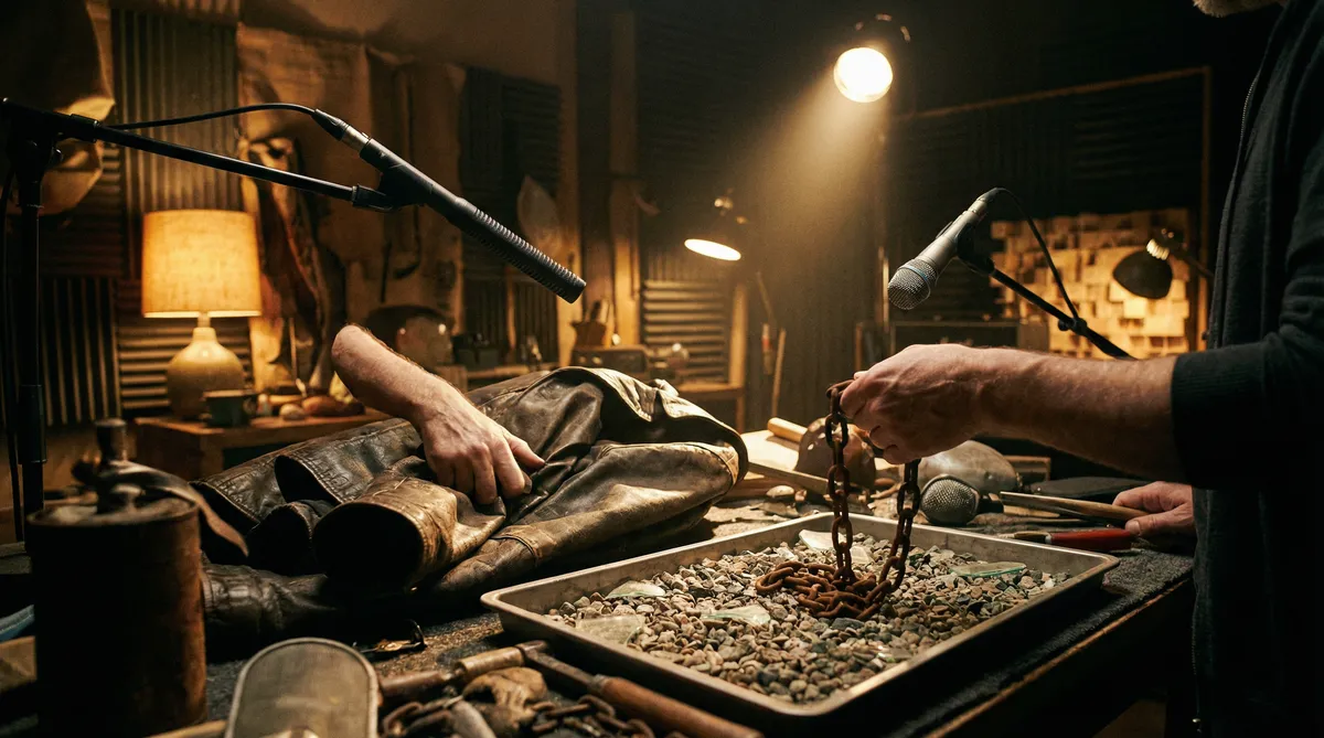 Foley 拟音工作台上的道具与麦克风 影视音效 录制